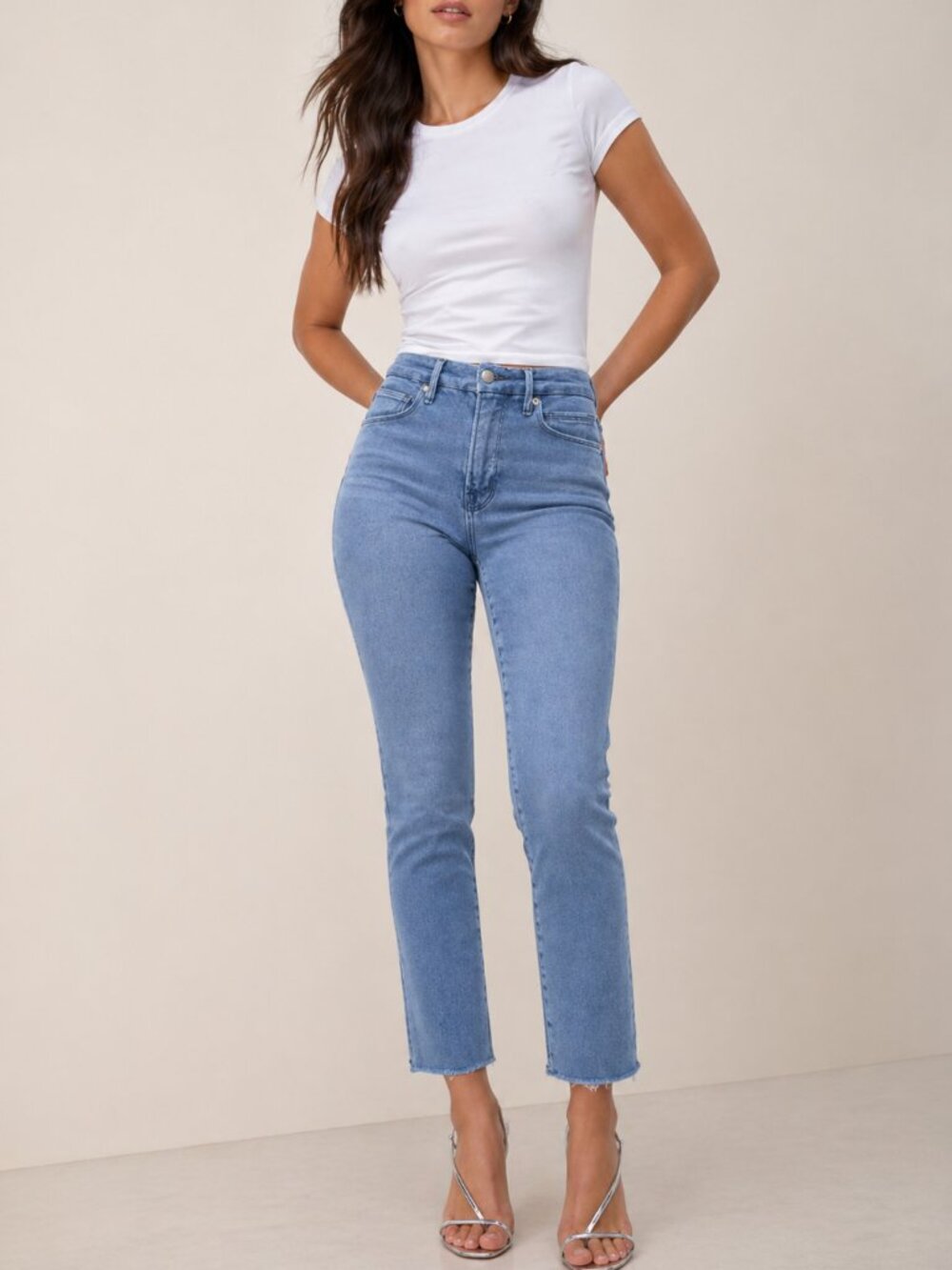 Good American Good Legs Straight Jeans Blue Raw Hem High | Size 15/33
